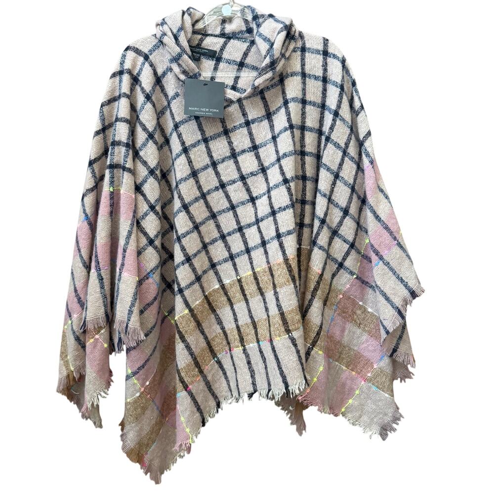 Marc New York Hooded Soft Poncho One Size NEW Fringe Multi Plaid